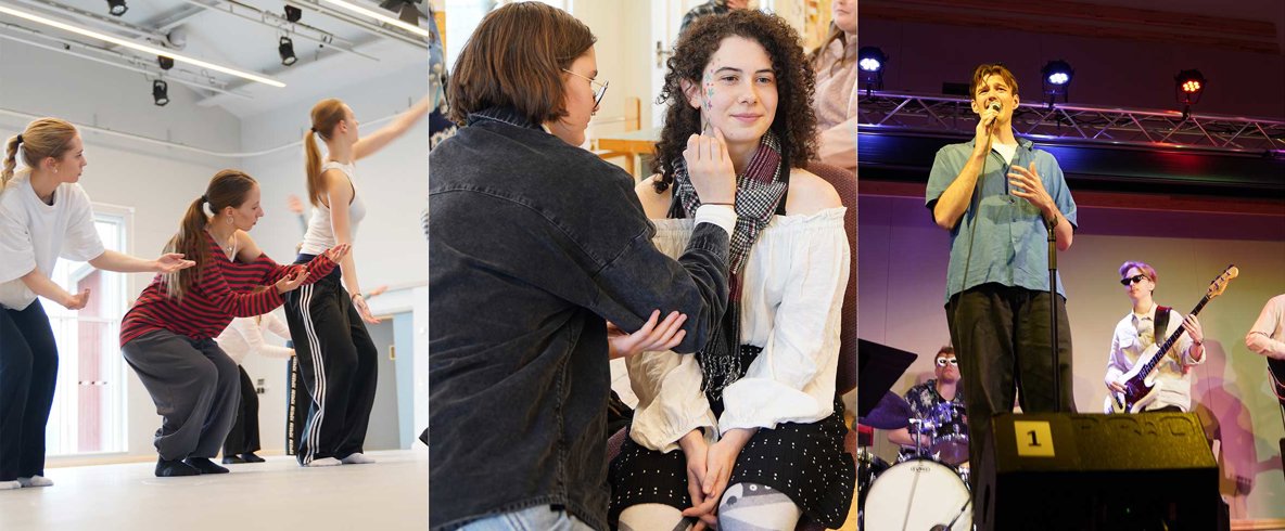 Tre bilder: till vänster tre kvinnor i danskoreografi. I mitten kvinna med krulligt hår som får ansiktsmålning. Till höger killar som spelar musik på scen.
